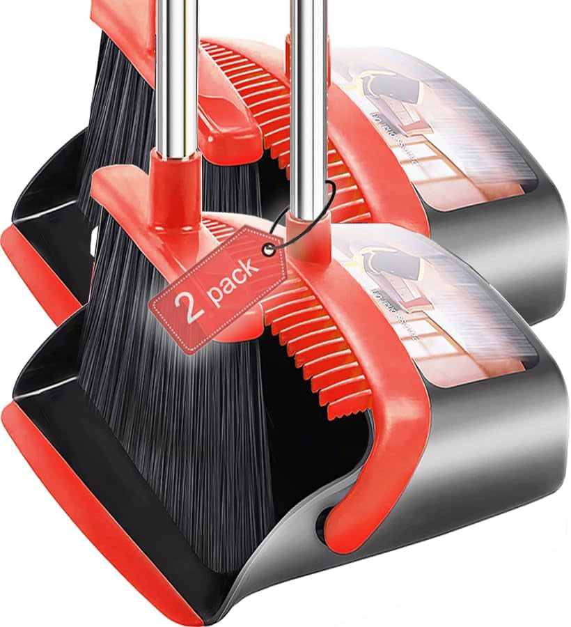 2-Pack Is More Economical,Brooms with Dustpan Combo Set, with 52" Long Handle, Dustpan Teeth with Self-Cleaning Function, Indoor and Outdoor Sweeping, Perfect for Home Office (Large/Red /2-Pack)