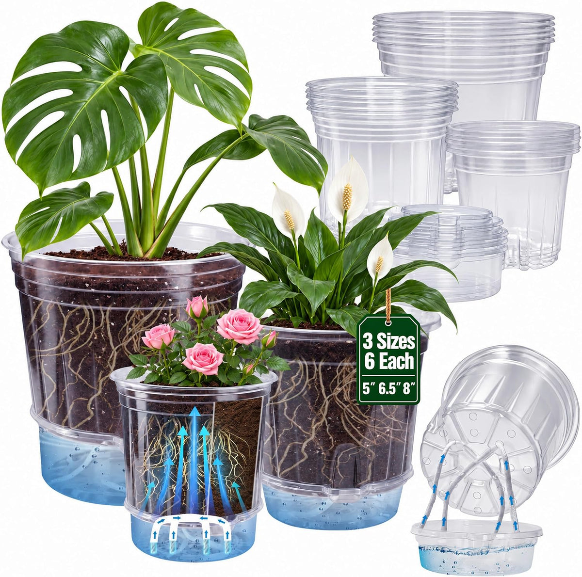 Bluepro Self Watering Pots for Indoor Plants, 8/6.5/5 Inch, 18-Pack