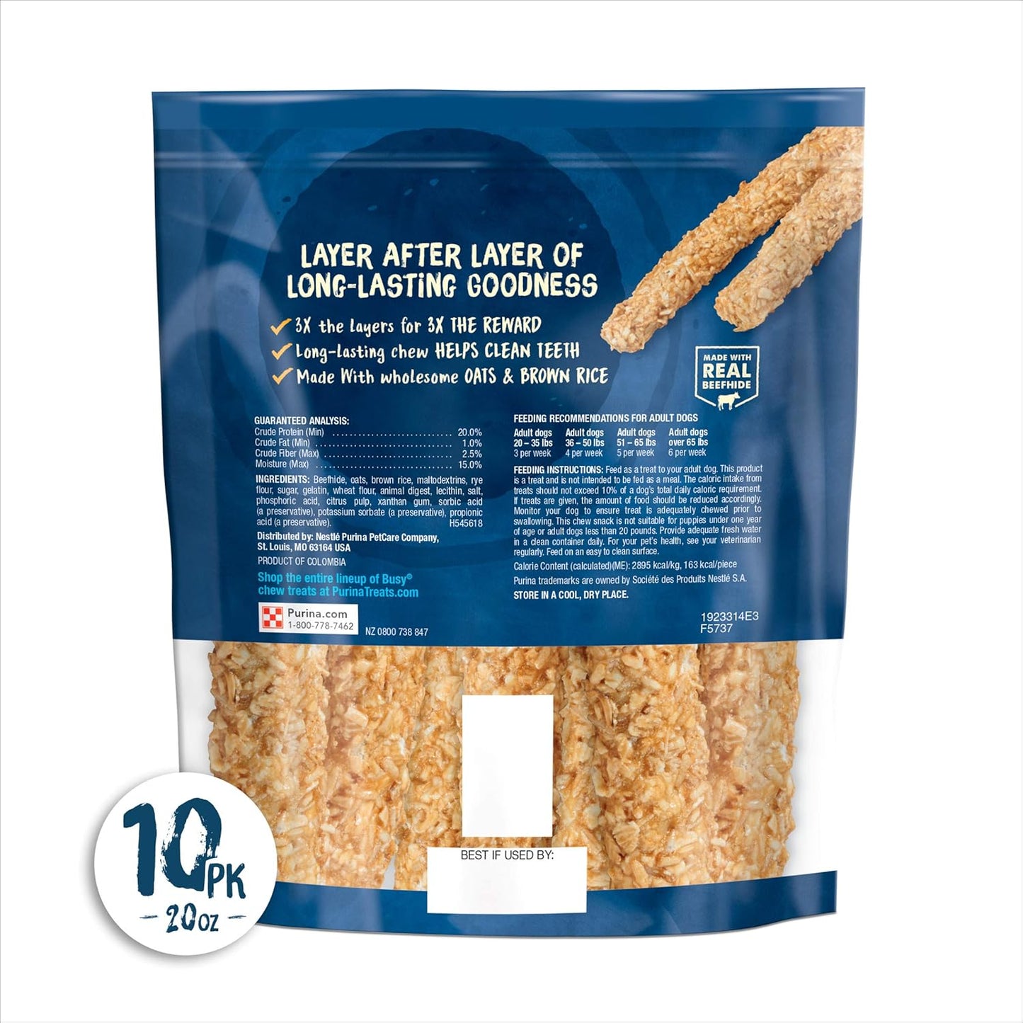 Purina Busy Rawhide Small/Medium Breed Dog Bones, Chewnola with Oats & Brown Rice - 10 Ct. Pouch