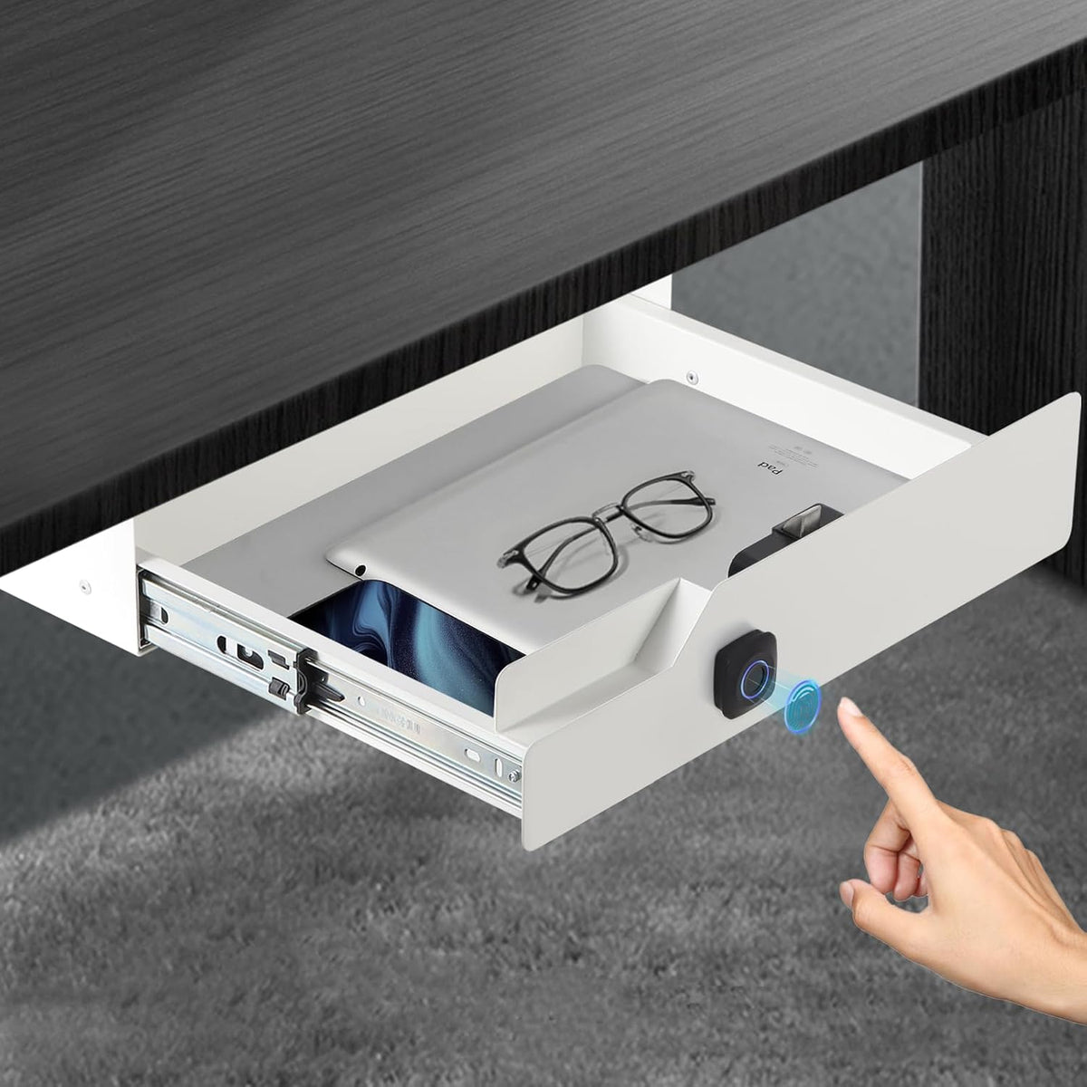 Under Desk Drawer with Biometric Fingerprint Lock, Metal Undermount Table Drawer, Slides Out Tray Organizer for Paper, Pencil, and Laptop 16"X11.8"X3.6", White