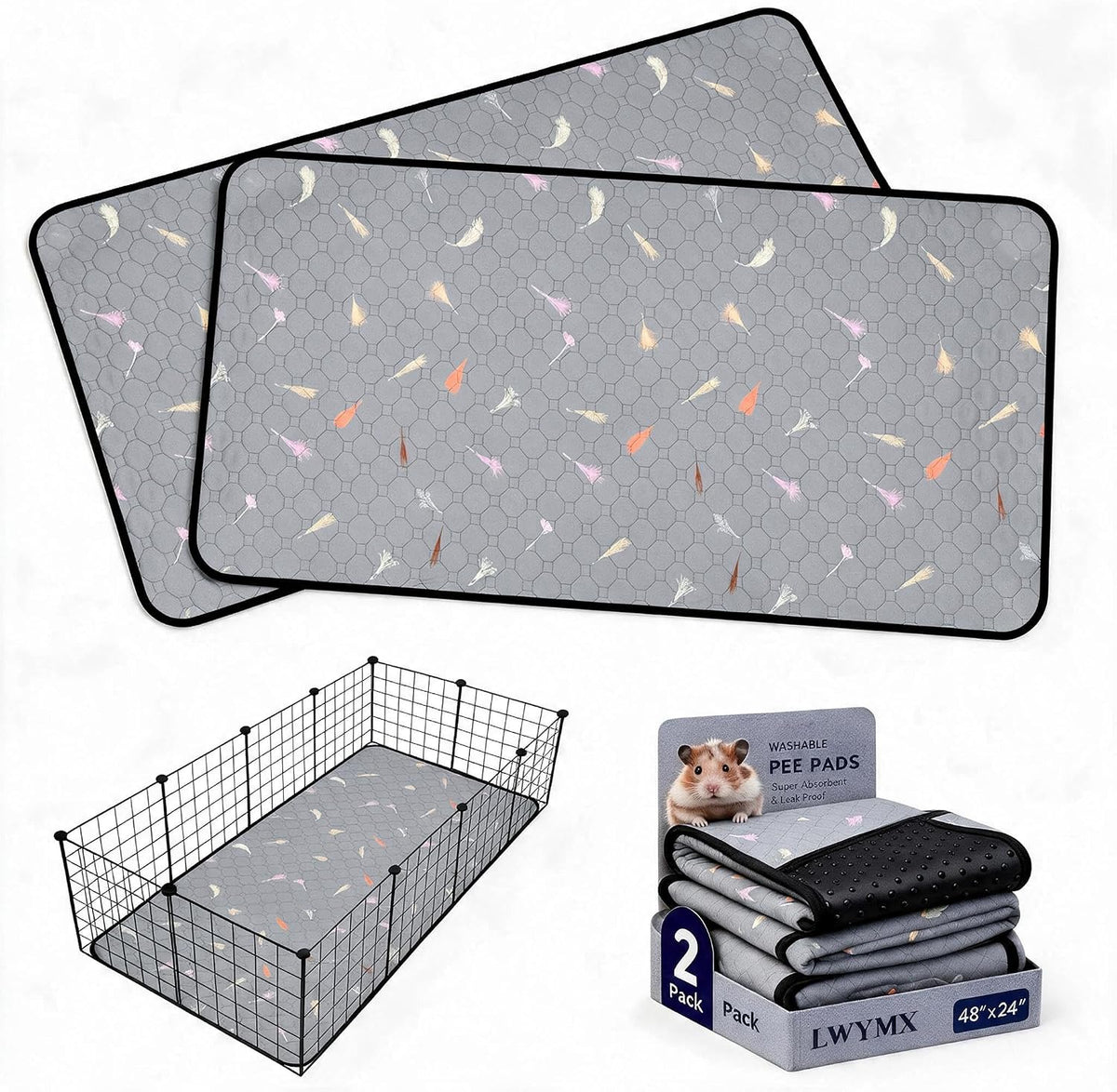 2Pcs Guinea Pig Cage Liners,Guinea Pig Fleece Cage Liners24''X48'' Super Absorbent Washable Pee Pads Reusable for Rabbit Hamster Chinchilla