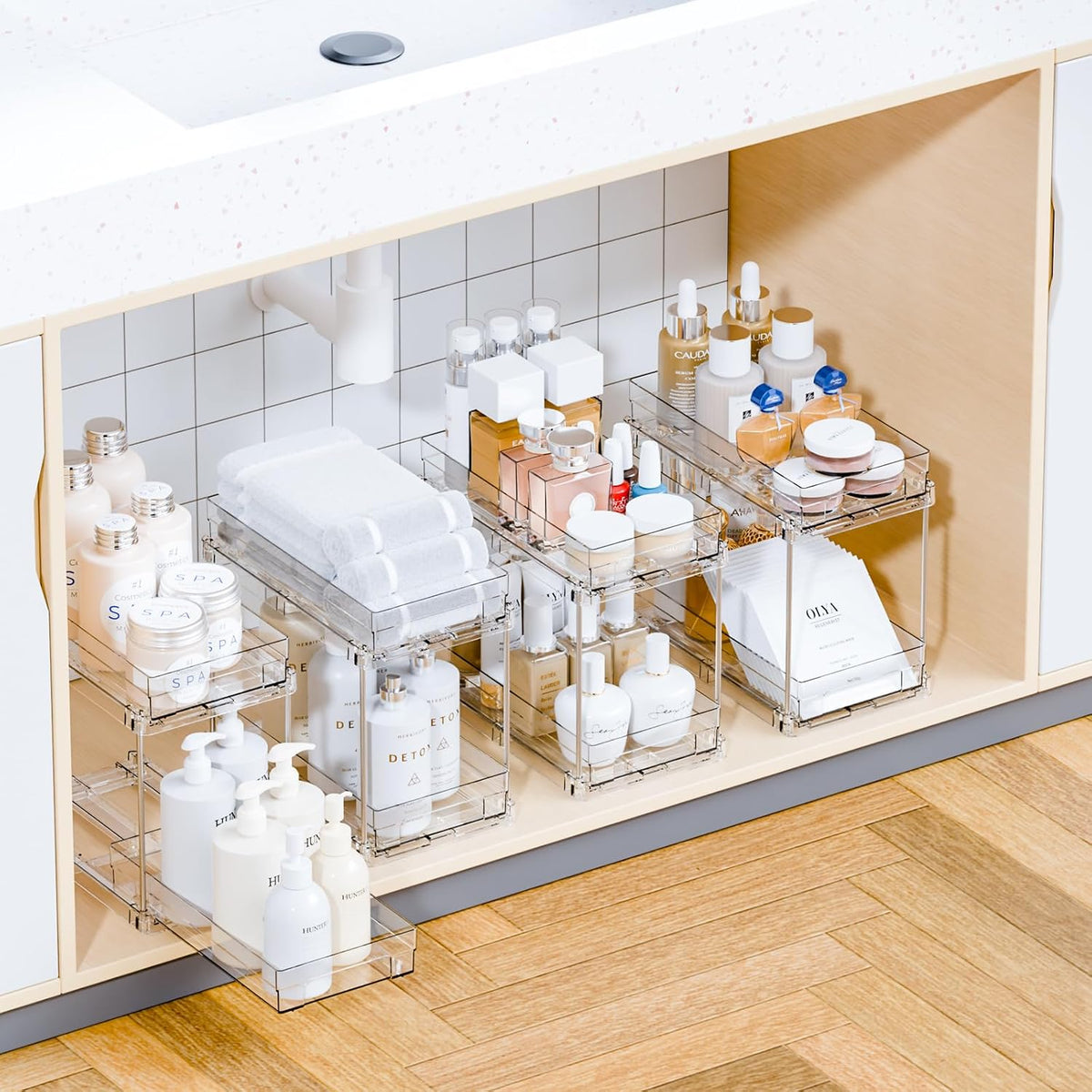 4 Set Bathroom Organizers and Storage,2 Tier Clear under Sink Organizer and Medicine Cabinet Organizer for Kitchen,Pantry Storage,Pull Out Drawers for Skincare,Pill Bottle,Spice Organization