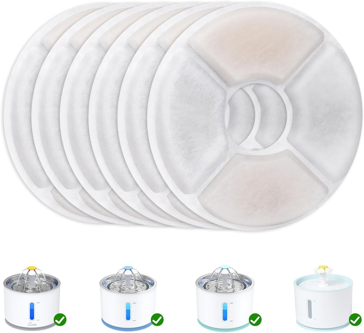 Wonder Creature Cat Water Fountain Filter Replacement, 6/8/12/16/8+4 Pack, round Carbon Filters for 81Oz/2.4L Stainless Steel Top Automatic Pet Fountain (6 Pack)