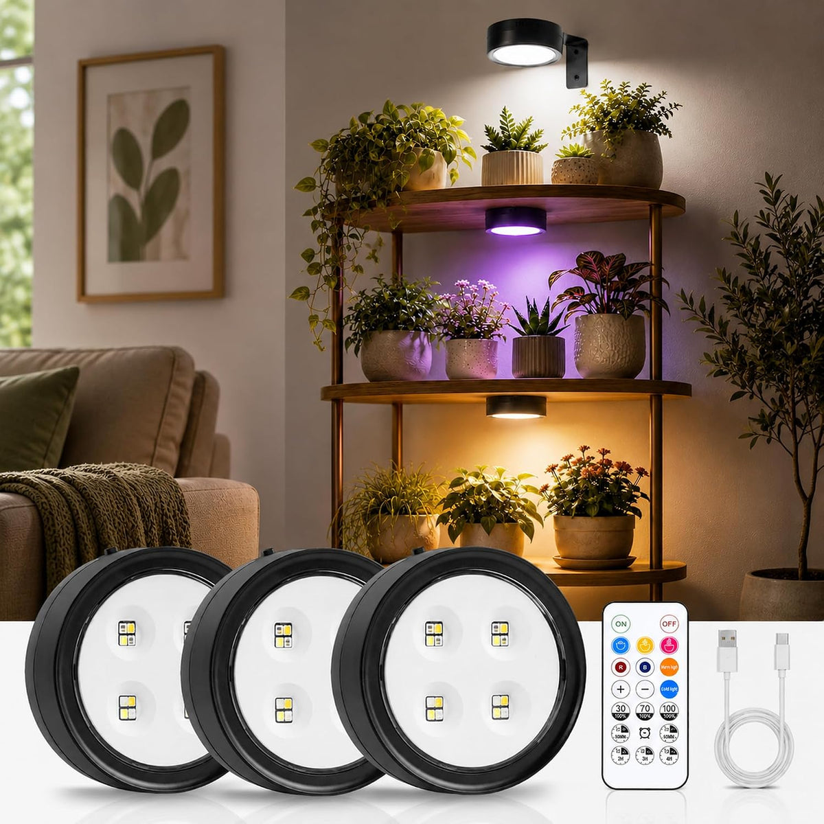 3-Pack Rechargeable Grow Light for Indoor Plants, Wireless Plant Lamp,Black