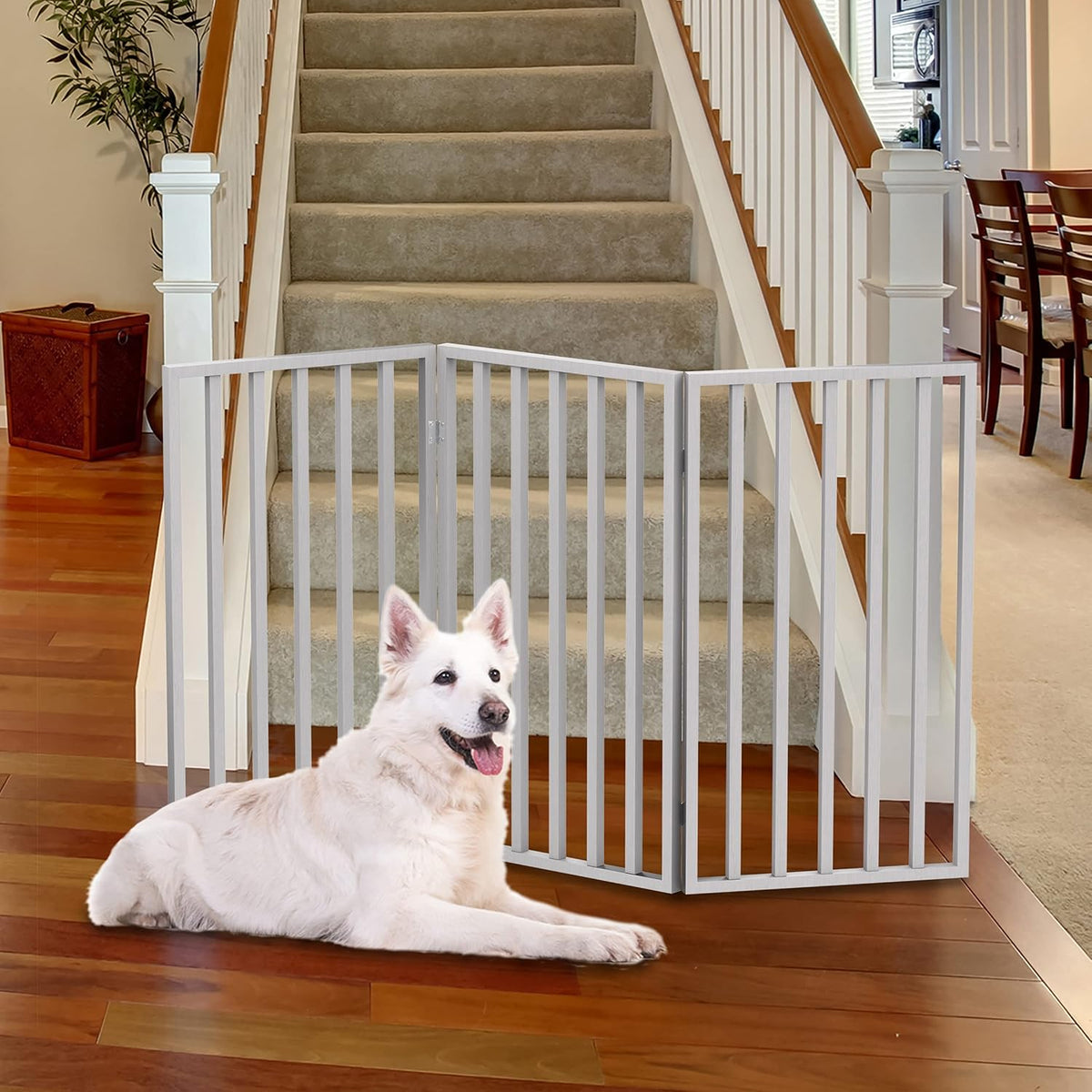Pet Gate - 3-Panel Indoor Foldable Dog Fence for Stairs, Hallways, or Doorways - 54X32-Inch Wood Freestanding Dog Gates by PETMAKER (White)