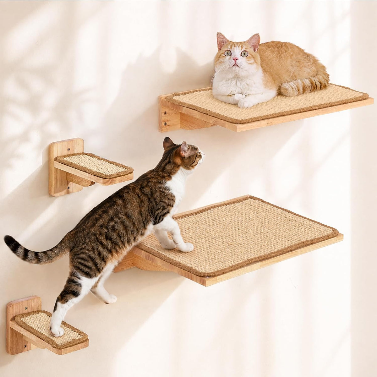 FUKUMARU Cat Wall Shelves 4 Set, Solid Rubber Wood Shelf with Sisal Mat