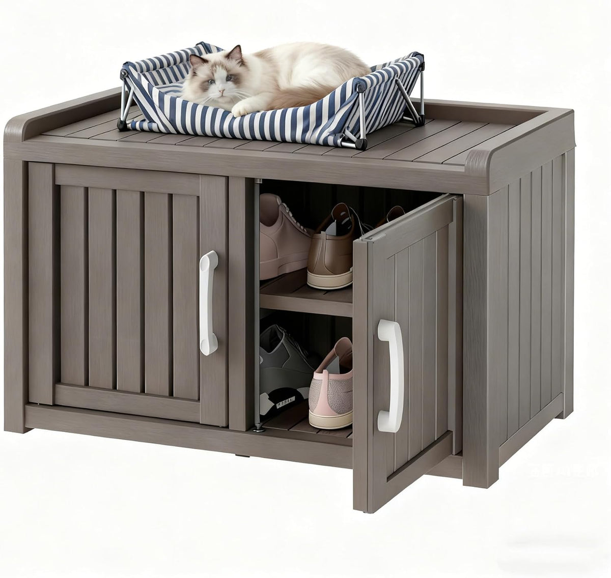 Outdoor Shoe Storage Cabinet, Waterproof Uv-Resistant Resin Storage Bench Indoor Outdoor with 2 Doors, Adjustable Shelves for Entryway, Bedroom, Hallway,Living Room(Grey)