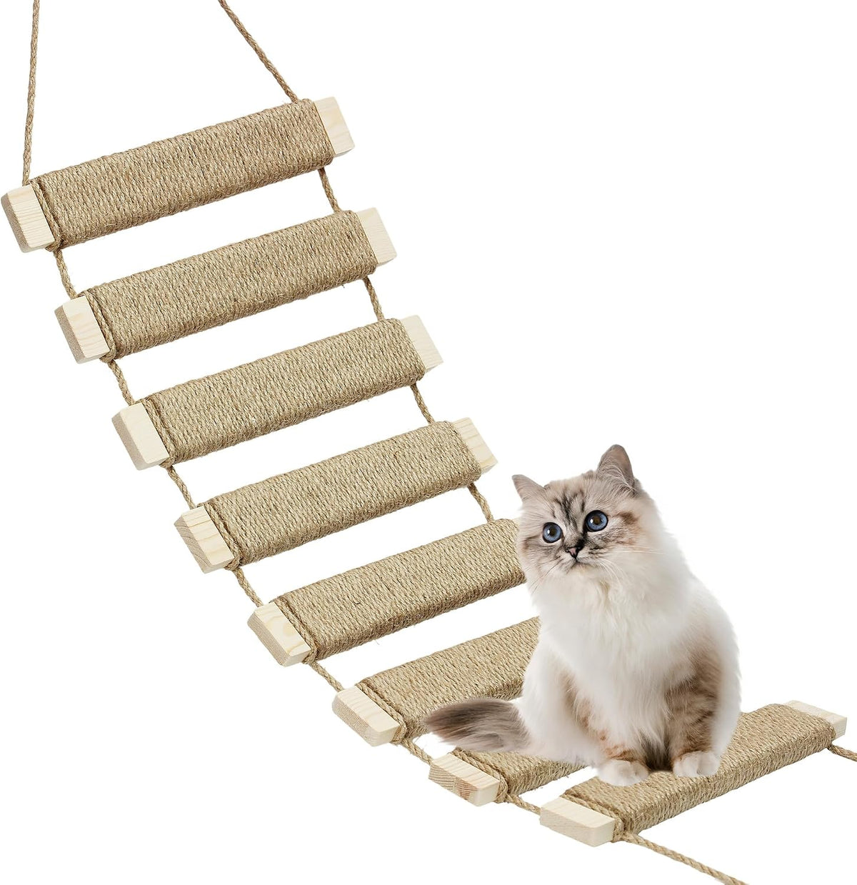 Multi-Functional Cat Ladder & Climbing Frame - DIY Wooden Bridge with Sisal Rope for Indoor/Outdoor Cats, Parrots, and Small Pets (Wood Tone, 20In/50Cm)
