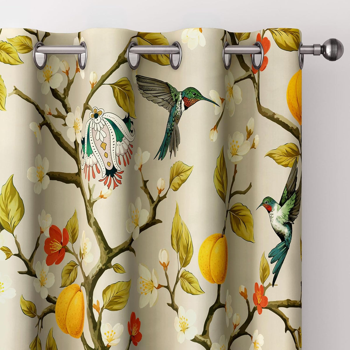 Floral Curtains 100% Blackout, Vintage Hummingbird Black Out Curtain 84 Inches Long, Patterned Thermal Insulated Window Drapes 2 Panels, Grommet Room Darkening Curtains for Living Room Bedroom, Khaki