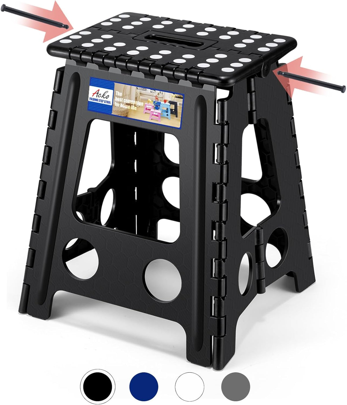 ACKO 16 Inch Folding Step Stool with Safety Lock, Holds 400 Lbs, Black