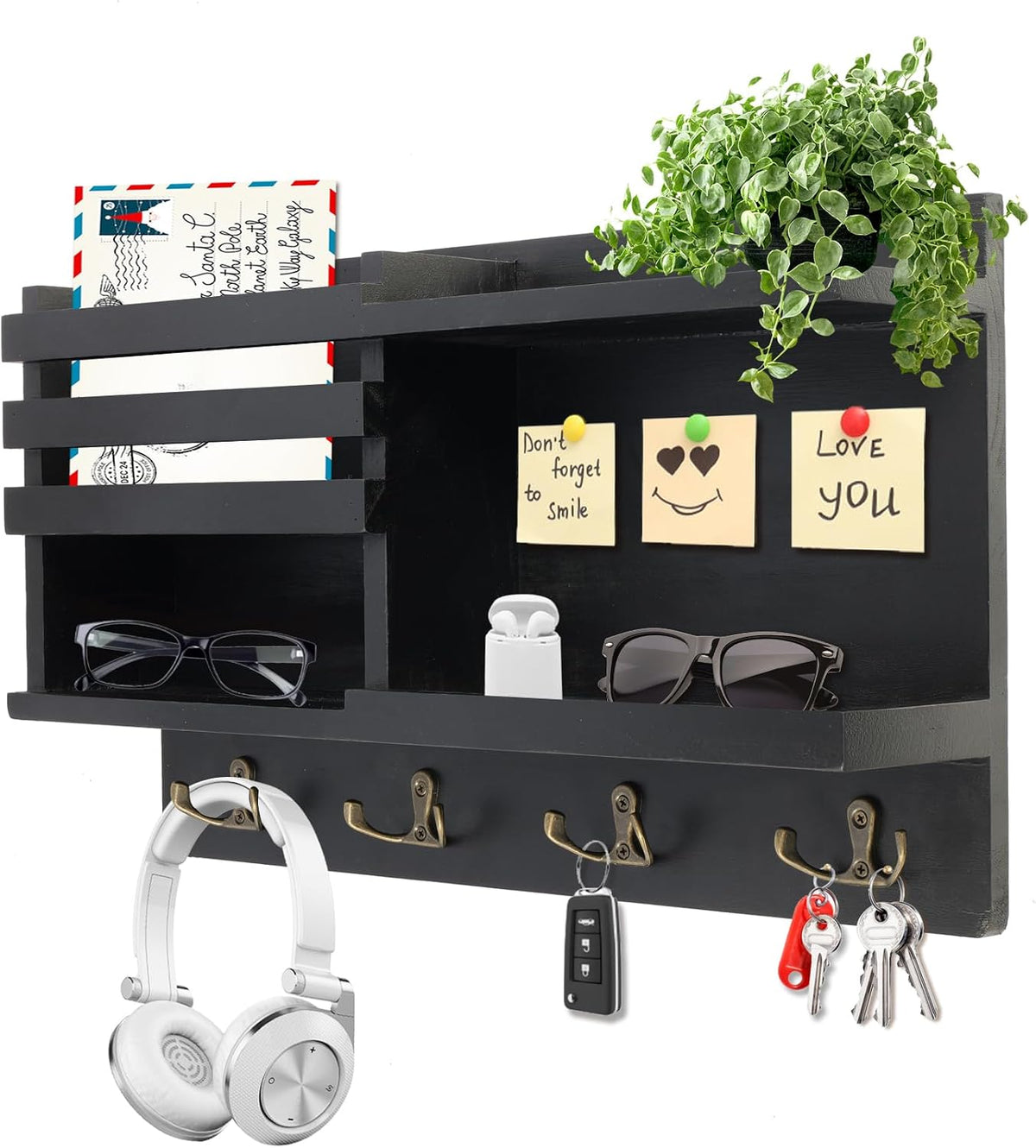 Key Holder Wall Mount, Wood Key and Mail Organizer for Wall, Matte Black