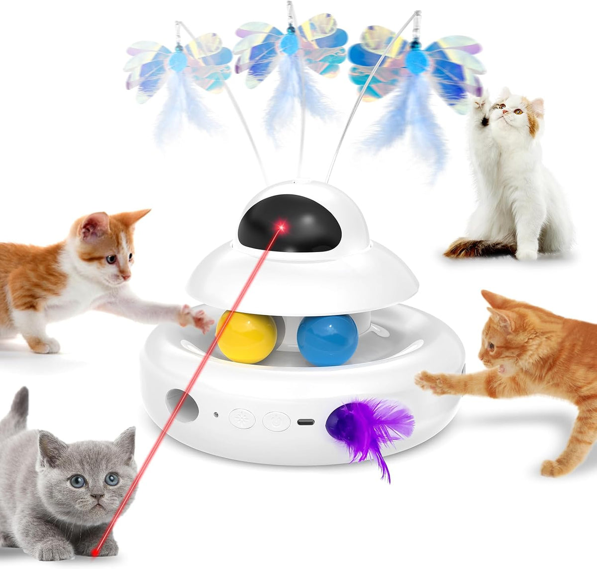 MOHAYA Cat Toys,4-In-1 Interactive Cat Toy for Indoor Cats with Laser, Fluttering Butterfly, Moving Feather and Track Balls - USB Rechargeable Self-Play Kitten Toy (White)