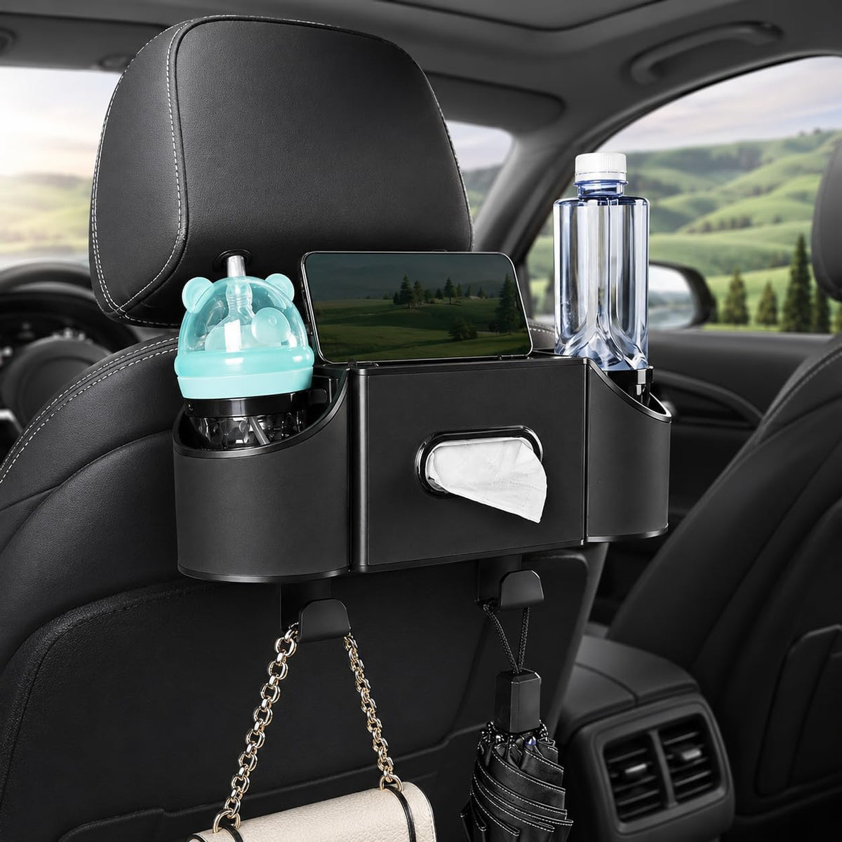 Back Seat Car Organizer, 2 Cup Holders, Tissue Holder, Phone Stand & Hooks