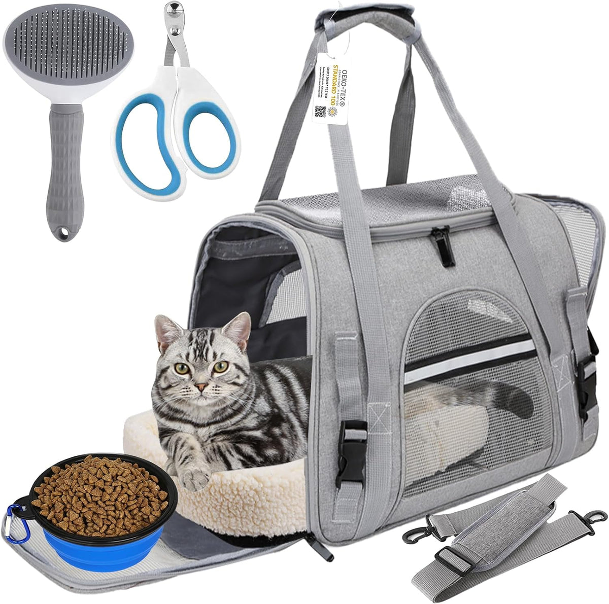 Pet Carrier Bag Airline Approved up for Cats and Dogs up to 20Lbs, Soft Cat Carrier Dog Carrier Travel Kitten Carrier with Mat, Nail Clipper, Brush, Foldable Bowl Cat Accessories