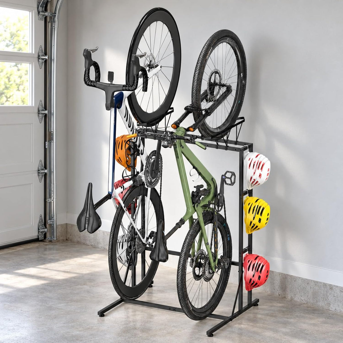Garage Bike Rack Vertical Bike Stand Floor with Hooks for 2 Bicycles, Black