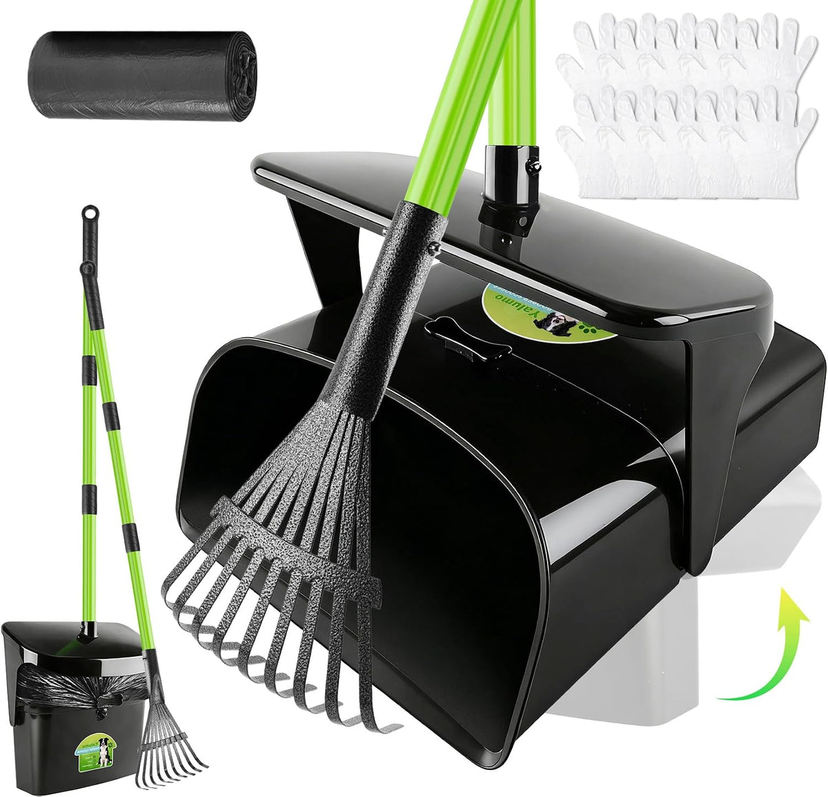 Pooper Scooper Swivel Bin & Rake with 50 Waste Bags, 38" Long Adjustable Handle Dog Poop Scooper for Yard Large Medium Small Dog, Easy to Clean Pet Waste Use on Grass, Dirt, Concrete or Gravel