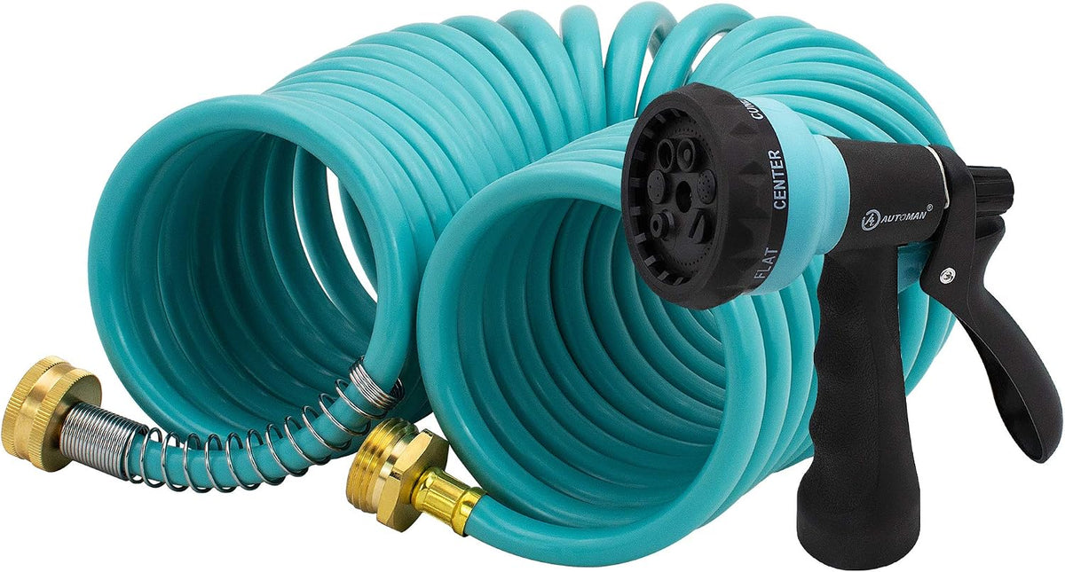 AUTOMAN EVA Recoil Garden Hose 25Ft - Includes 7 Pattern Spray Nozzle,Curly Water Hose 25 Foot,Watering Coil,Retractable,Corrosion Resistant Garden Coil Hose.