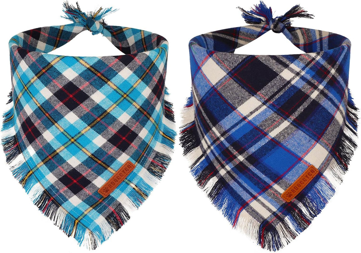 Blue Plaid Dog Bandana Boy, Cotton Dog Scarf with Fringe, Large