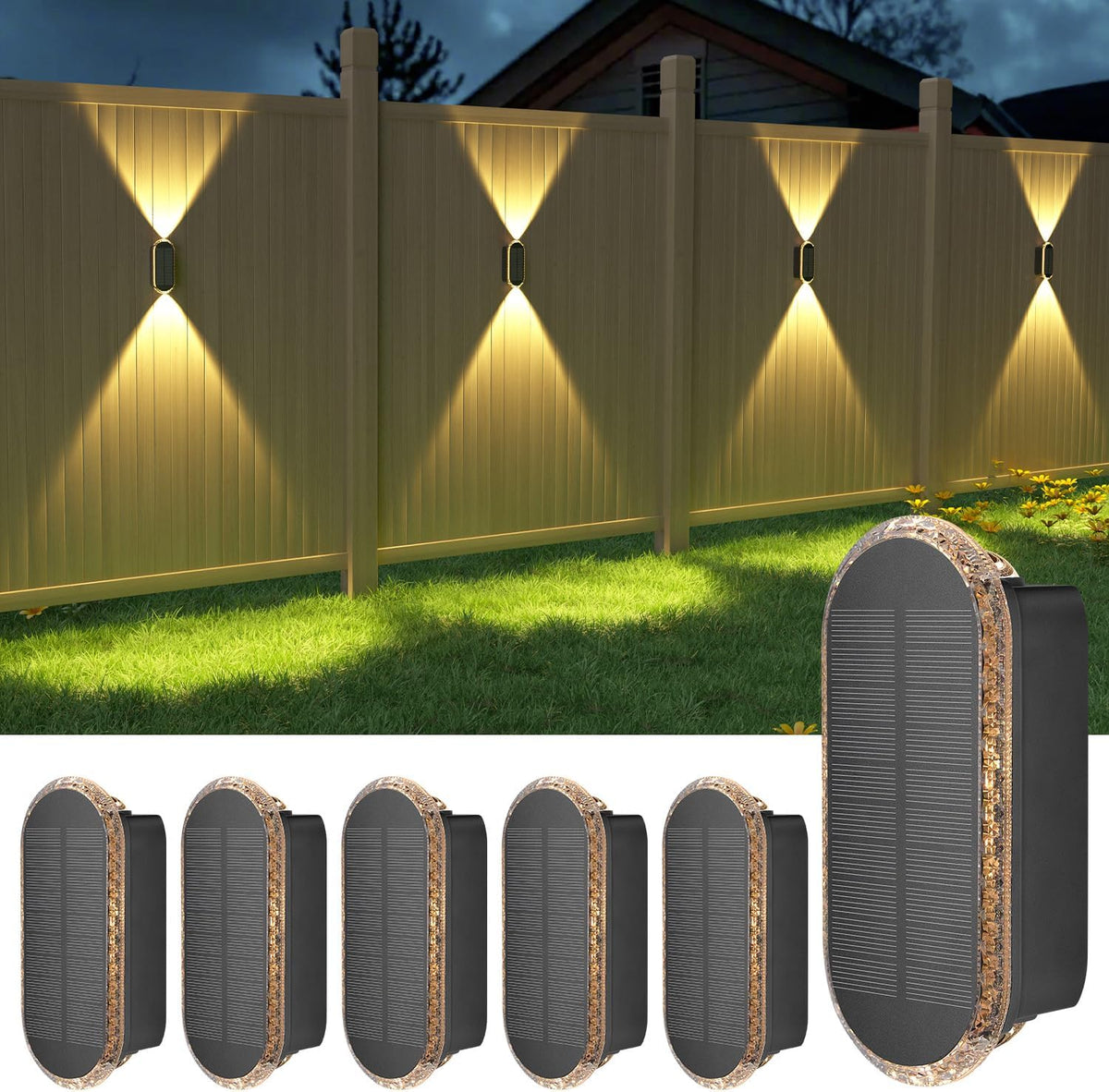 Ellasay Solar Fence Lights Outdoor: 6-Pack Solar Powered Wall Lights up and down Waterproof IP65-3 Color Brighter LED Focus Lens Solarlights Dusk to Dawn 12H for Patio/Backyard/Porch/Railing