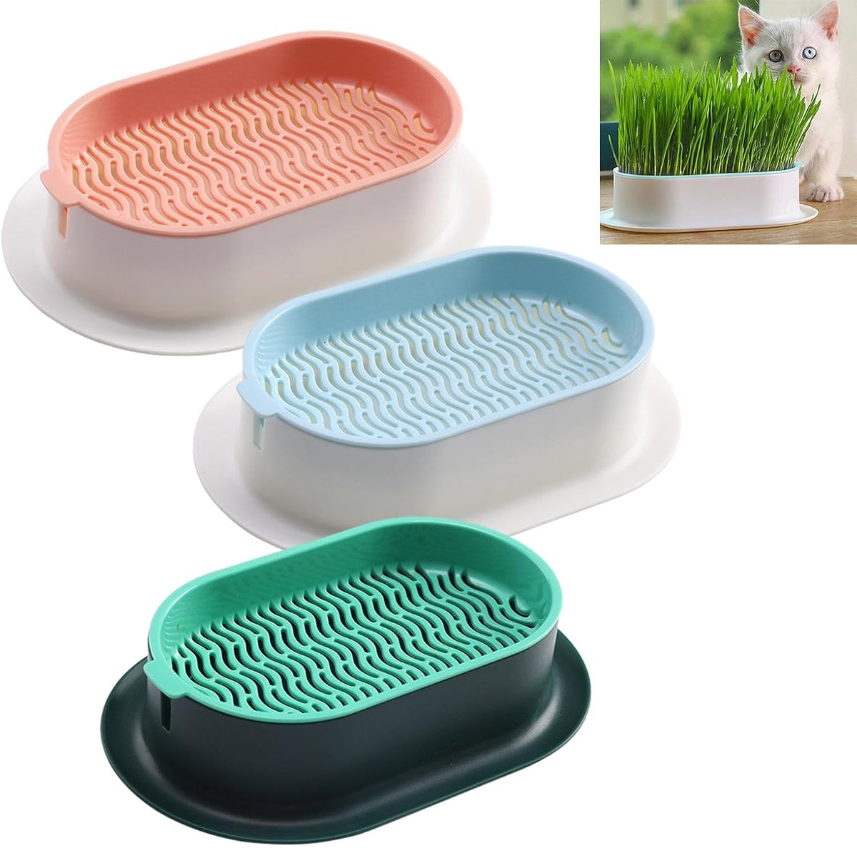 3‑Pack Cat Grass Planter Trays, Hydroponic Wheatgrass Seed Sprout Tray