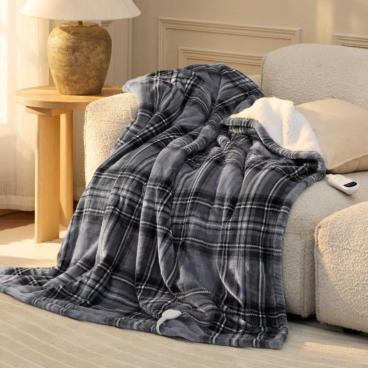 Bedsure Grey Plaid Heated Throw Blanket, Flannel Sherpa Electric Blanket