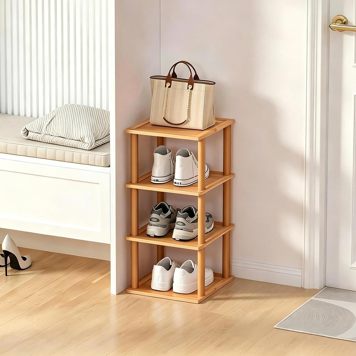 Aniston 4 Tier Small Shoe Rack Bamboo, Free Standing Slim Narrow Shoe Storage, Vertical Tall Shoe Shelf Organiser for Garage, Closet, Doorway, Corner, Living Room Small Spaces
