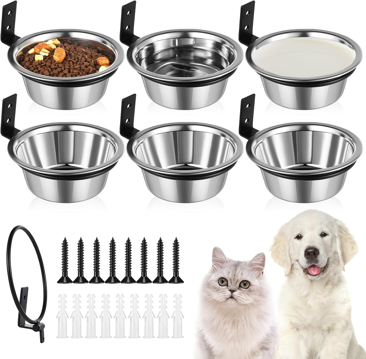 Dandat 6 Pack Wall Mounted Dog Bowl,25 Oz Elevated Dog Bowls Adjustable Height Raised Puppy Stainless Steel Food and Water Bowls for Cat, Puppy, and Dogs