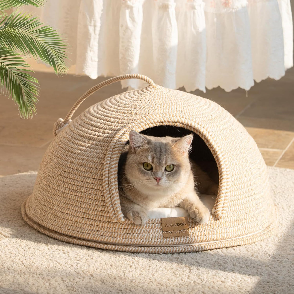 Cat Cave Bed with Washable Cushion and Ball, Handwoven Cotton Rope Cat Basket Bed for Indoor Cats Bed Covered, 3-In-1 Scratching, Playing & Sleeping, All Season Universal(White)