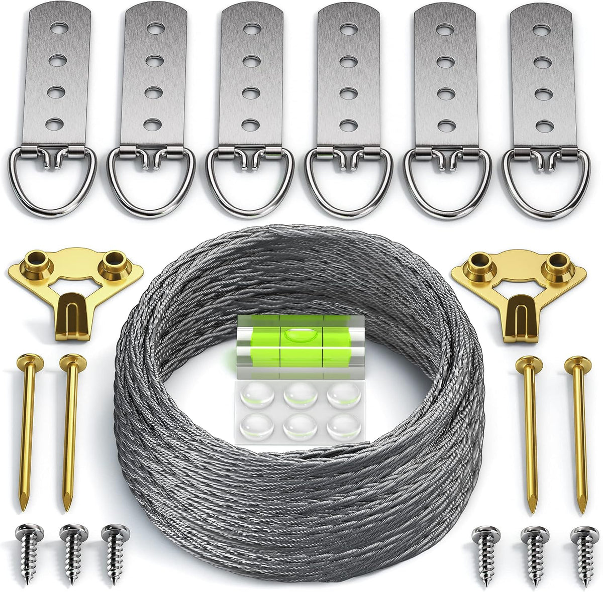 Heavy Duty Picture Wire Hanging Kit - D-Ring, Screws, Hanging Hooks,Level. Supports up to 100 Lbs 50+ Feet (15.25M) Stainless Steel Wire Hanger