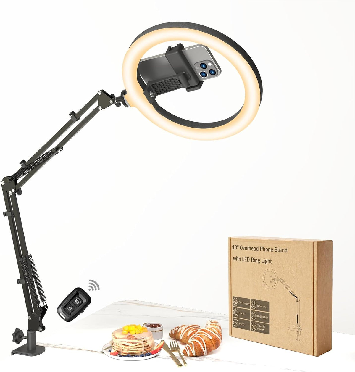 10" LED Ring Light with Overhead Phone Stand, CRI≥95 1200Lm Dimmable Lighting, Adjustable Metal Arm with Remote & Phone Holder, for Streaming, Makeup, Zoom Calls, Photography