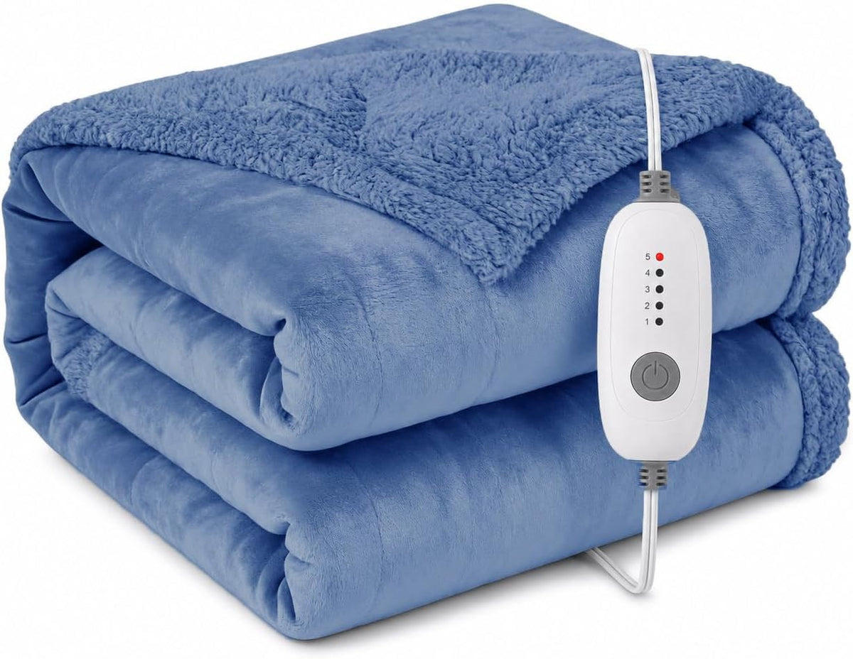 Electric Heated Blanket, Denim Blue, Throw 50"X60", Flannel and Sherpa