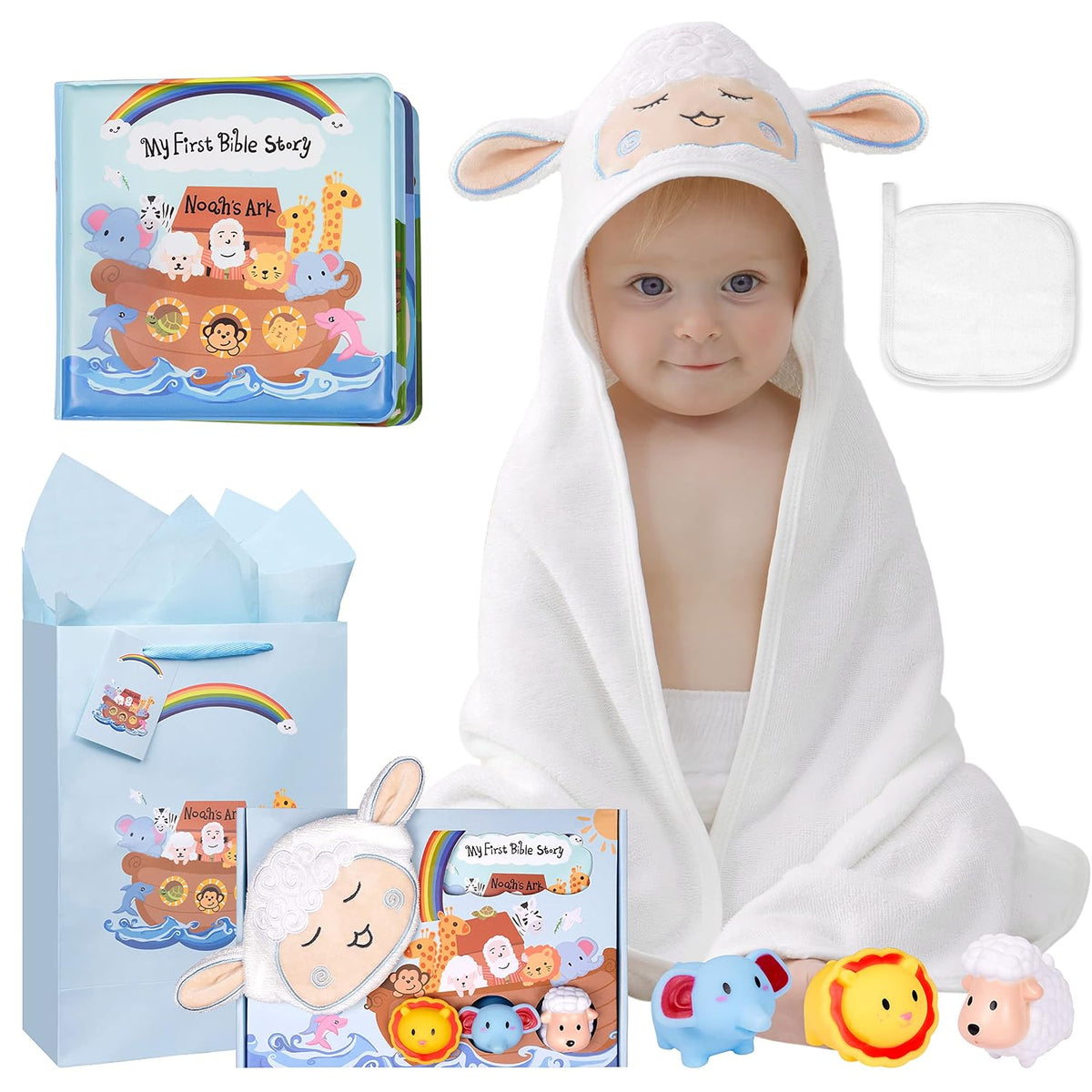 Mymatezoe My First Noahs Ark 7 Pcs Baptism Gift Set, Dedication, Christening and Baptism Gifts for Boys and Newborn Baby, Includes Washcloth and Hooded Towel, Baby Bath Book, 3 Bath Toys and Gift Bag