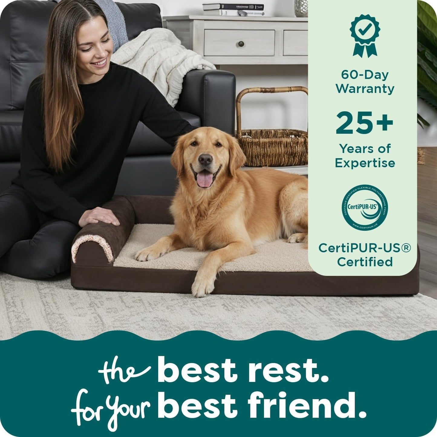 Orthopedic Dog Bed for Large Dogs, L-Shaped Chaise Mattress with Orthopedic Egg Crate with a Solid Orthopedic Foam Base for Joint Support, Washable Cover, Jumbo XL, Faux Fur & Suede, Espresso