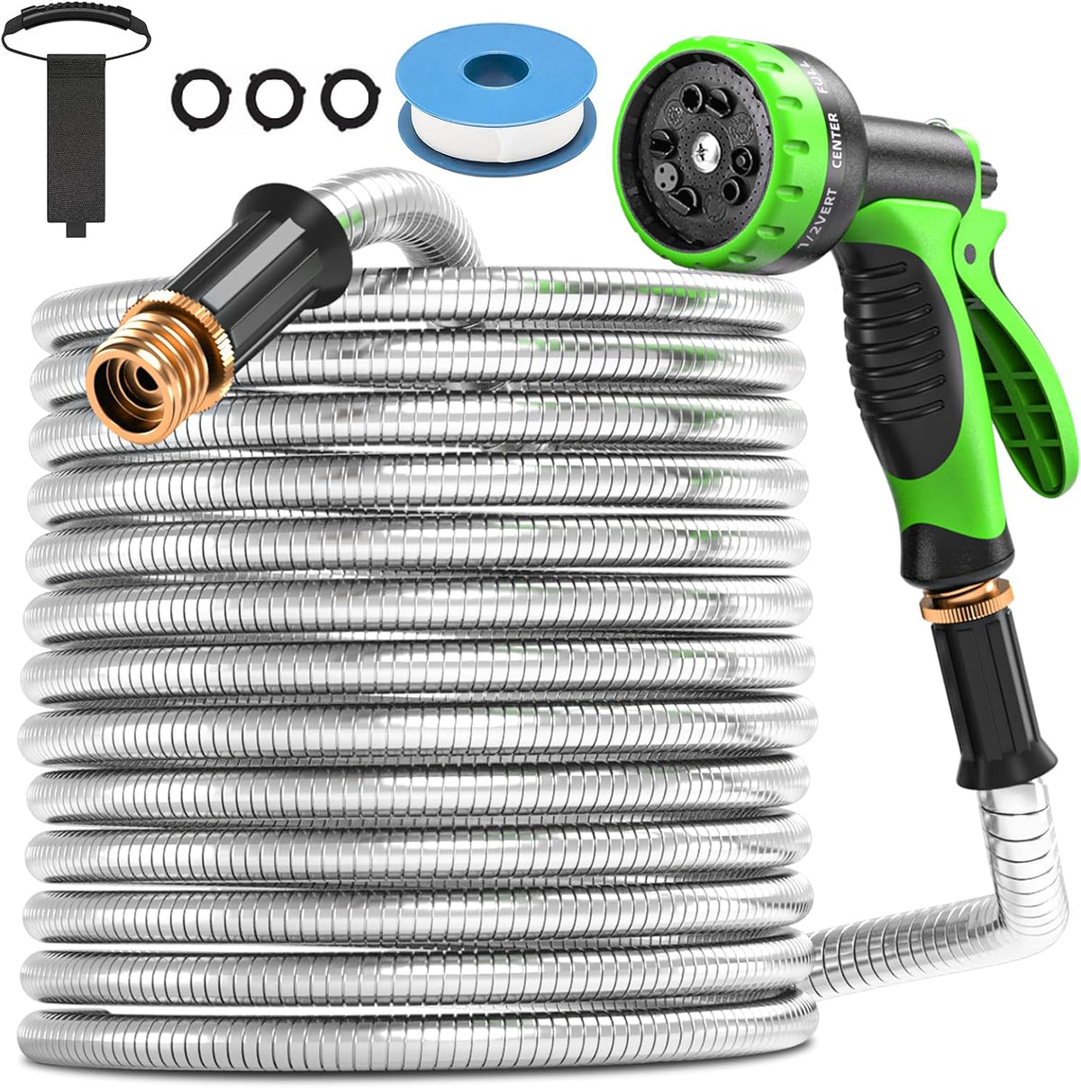 Stainless Steel Garden Hose 50Ft, No-Kink Flexible Water Hose, Spray Nozzle
