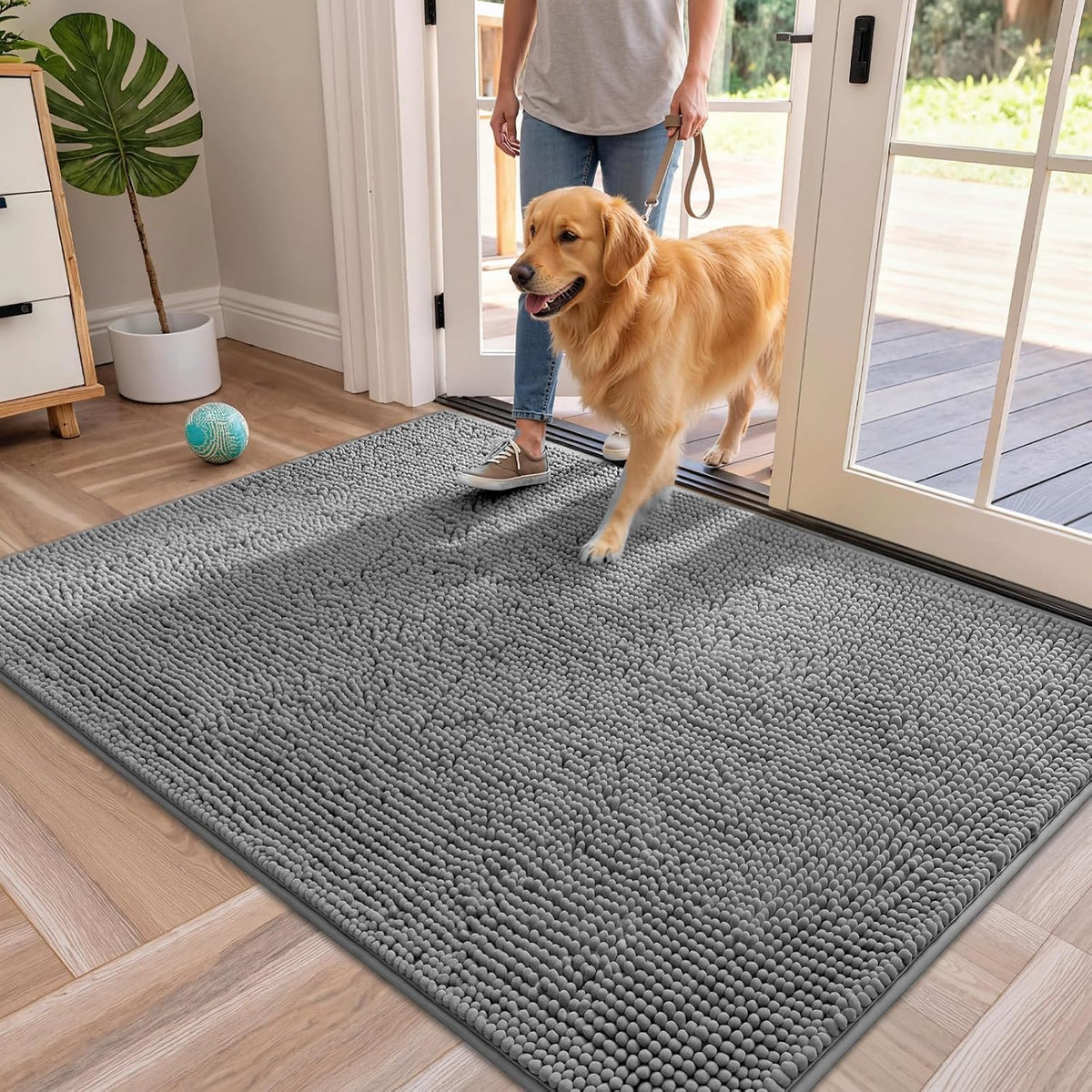 Dog Door Mat for Muddy Paws, 60" X 48", Absorbs Moisture and Dirt, Quick Dry Chenille Front Door Mat for Large Dogs and Multi Dog Homes, Non Slip Washable Indoor Pet Rug, Grey