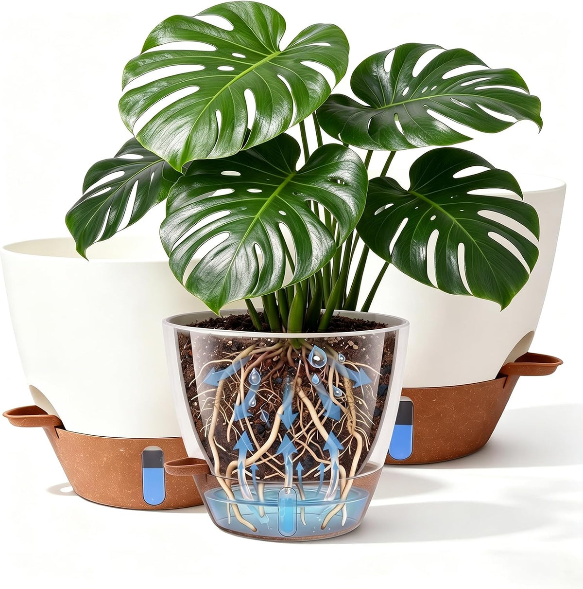 8/9/10 Inch Self Watering Pots, Plastic Flower Pots with Multi Mesh Drainage Holes and Water Level Indicator & Deep Reservoir for Indoor Outdoor Garden Plants and Flowers (White)