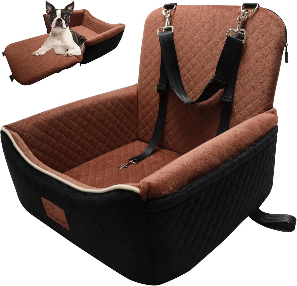 Dog Car Seat Bed 2 in 1 for Small/Medium Dogs up to 35 Lbs,Adjustable Safety Leashes,Memory Foam with Soft Fabric Pets Travel Car Bed,Easily Installed in Front and Back Seat,Removable and Washable.