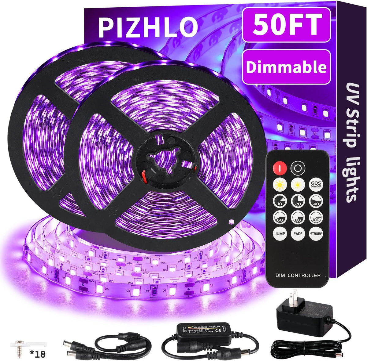 50 Foot Black Light Strips & Remote, Dimmable Flexible 900 Leds