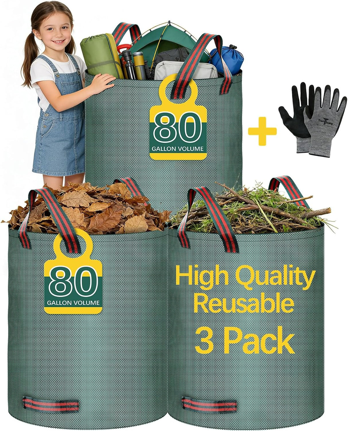 3 Pack 80 Gallon Lawn Leaf Bags Leaf Bags Yard Waste Bags,Gardening Gloves Included,Cleaning Fallen Leaves, Weeds, Outdoor and Camping Supplies; or Use for Moving