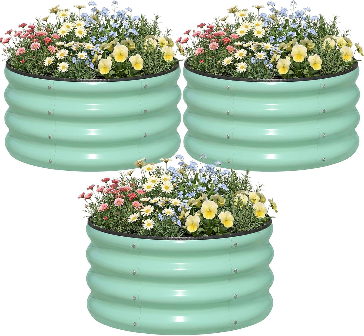 Snugniture 3 Pcs 2X2X1Ft round Galvanized Raised Garden Bed Kit Outdoor, Metal Planter Box for Planting Plants Vegetables, Green