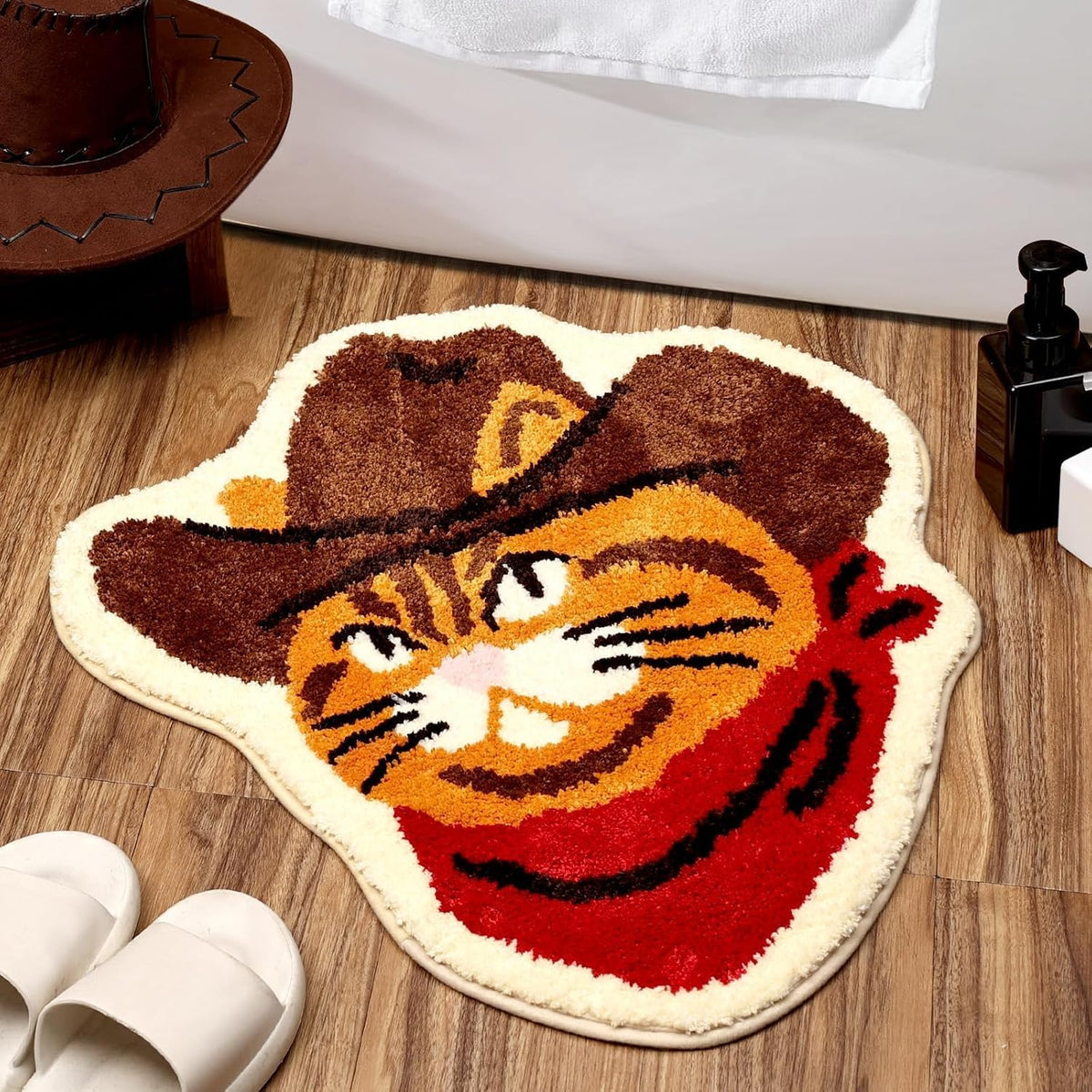 Percozzi Cat Bath Rug Funny Western Bathroom Mat Meowdy Cowboy Cat Rug