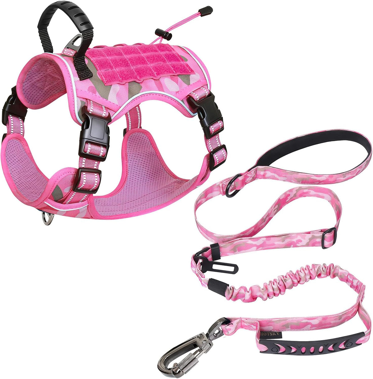 Tactical Dog Seatbelt Harness for Medium Dogs No Pull, Adjustable Military Service Dog Vest Reflective Pet Harness with Control Handle Molle Loop Panels for Dogs Training Walking(Pink Camo, M)