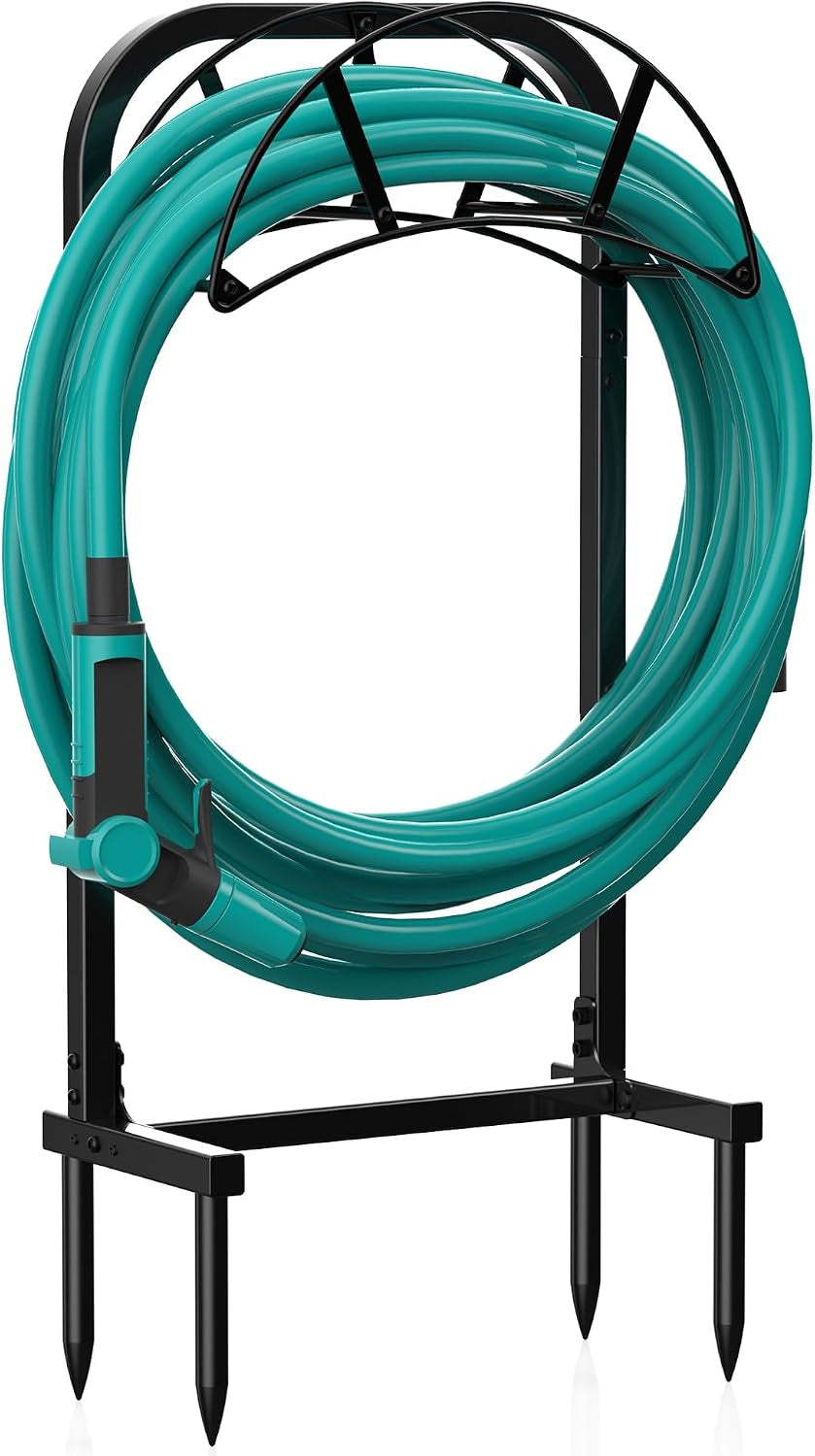 Meykwod Garden Hose Holder, Heavy Duty Water Hose Holder with 4 Spikes Holds 150Ft Water Hose, Sturdy Freestanding Hose Stand Hose Hanger Hose Storage for outside Yard Lawn (Metal, Black)