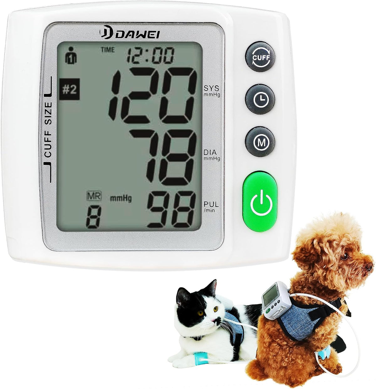 Wearable Pet Blood Pressure Monitor for Cats & Dogs, Automatic Oscillometric Veterinary BP & Heart Rate Monitor, 4 Adjustable Cuffs 4.2–15Cm, Dual-User 120 Memory, Portable Home & Vet Clinic Use