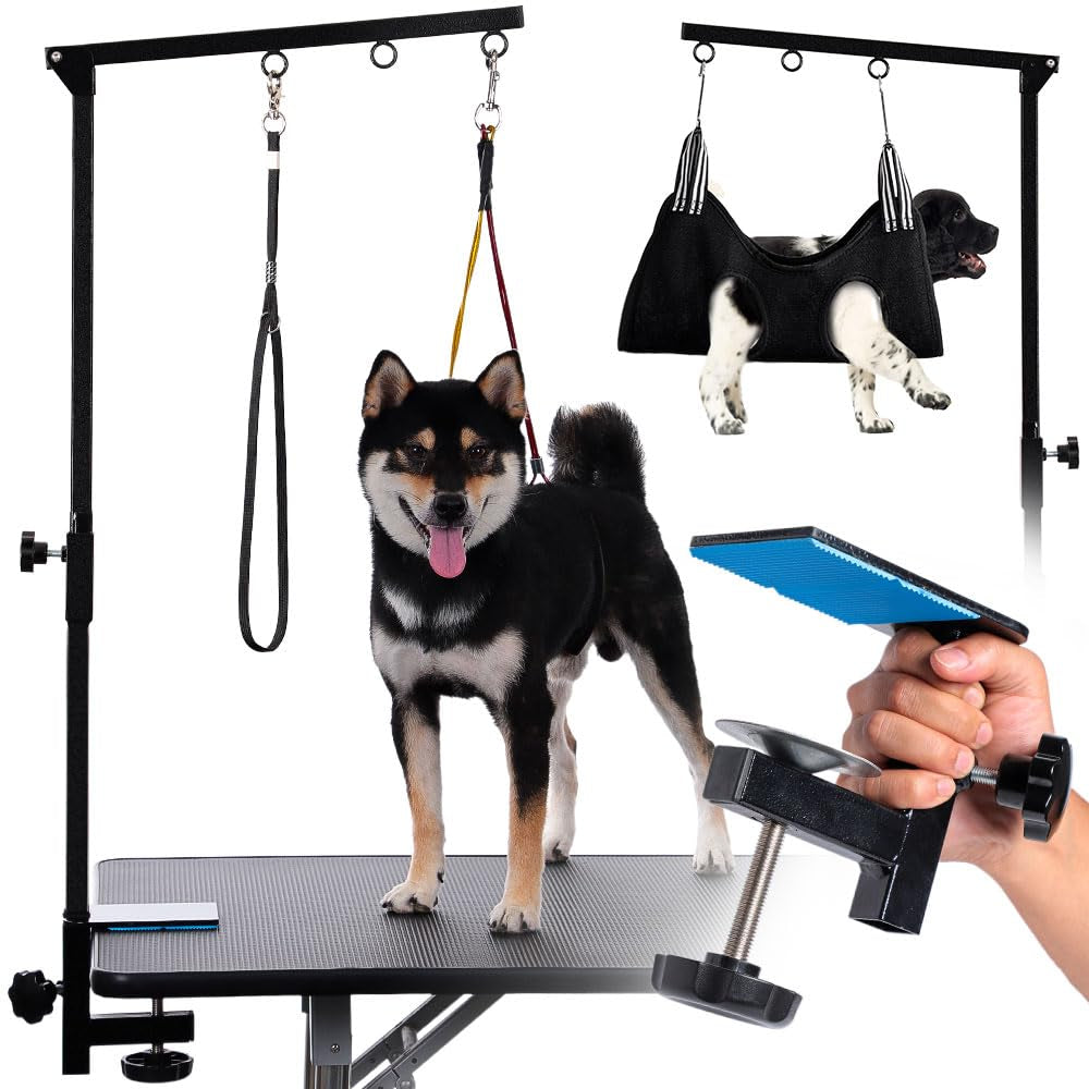 Dog Grooming Table Arm with Hammock - Adjustable Height, Pet Grooming Hammock, No Sit Haunch Holders, Loop Noose Heavy-Duty Clamp (Black)