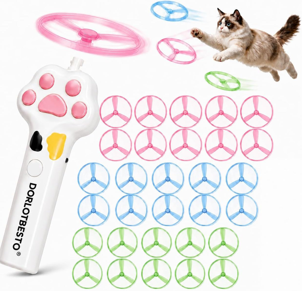 Automatic Cat Toy Launcher with 30 Glow in the Dark Flying Discs – Interactive Fetch Shooter for Indoor Cats, Exercise & Hunting Enrichment Toy, Safe for Kittens & Adults