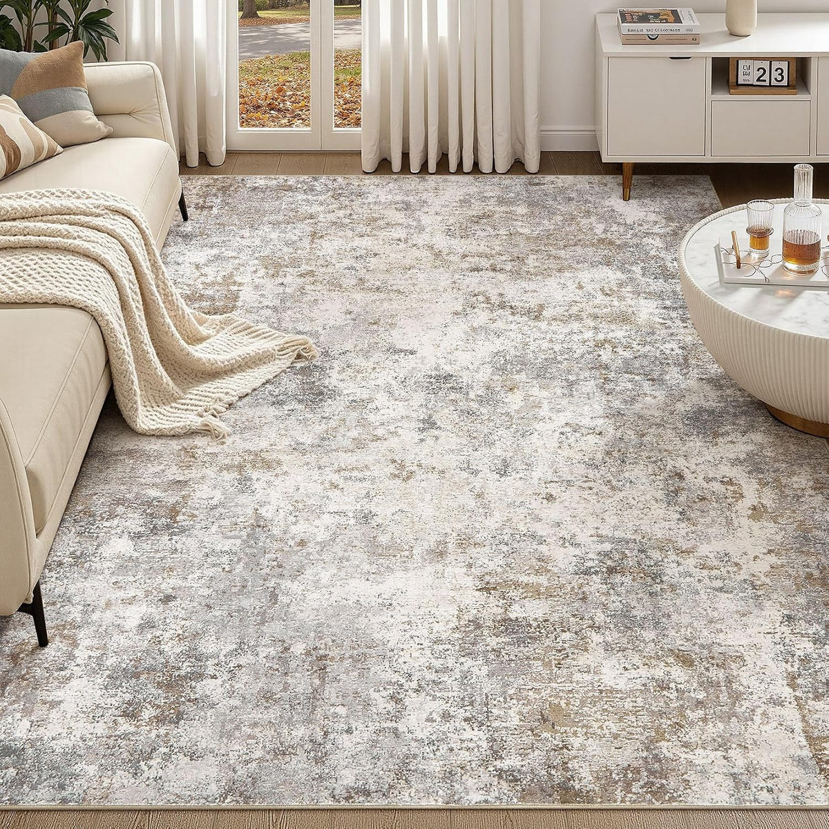 UERMEI 8X10 Area Rug Living Room Rugs Washable Neutral Brown Grey Carpet