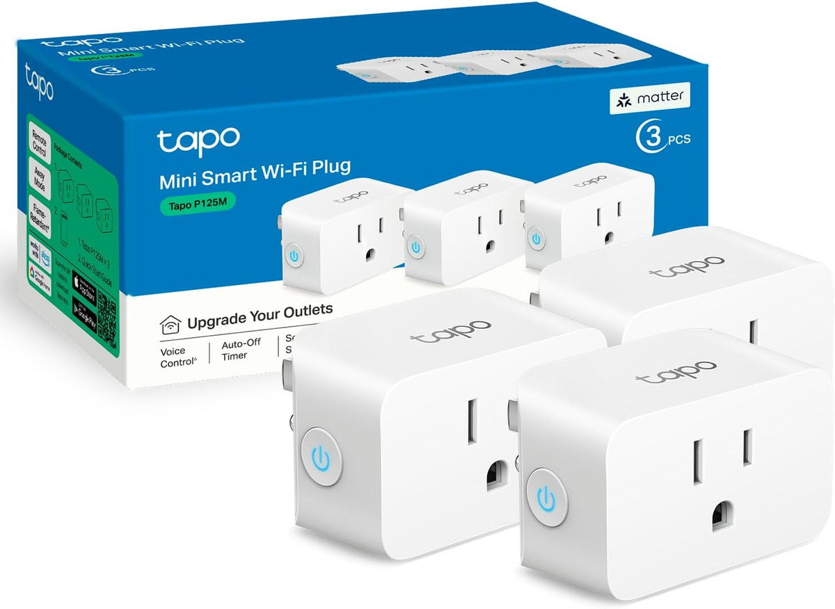 Tp-Link Tapo Matter Supported Smart Plug Mini, Compact Design, 15A/1800W Max, Super Easy Setup, Works with Apple Home, Alexa & Google Home, UL Certified, 2.4G Wi-Fi Only, White, Tapo P125M(3-Pack)
