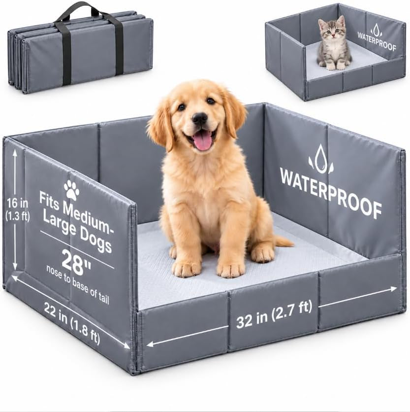 Certbuy Waterproof Dog Litter Box Indoor Pee Pad Holder with High Walls Foldable No Spill Indoor Pet Toilet Easy to Clean Dog Potty Tray for Puppy & Medium Dogs Gray (32"× 22" × 16")