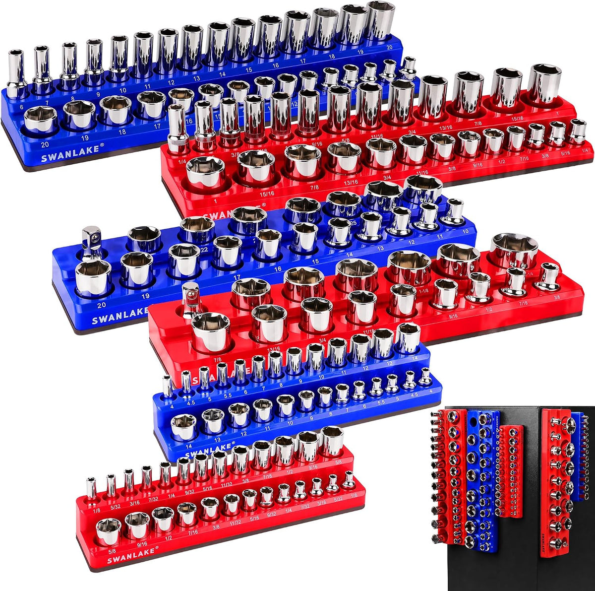 Magnetic Socket Organizer Set, 6PCS Socket Holder, 1/4", 3/8", 1/2" Sockets Holds 143 Pieces Magnetic Sockets Trays (Blue&Red, 6 Pcs)